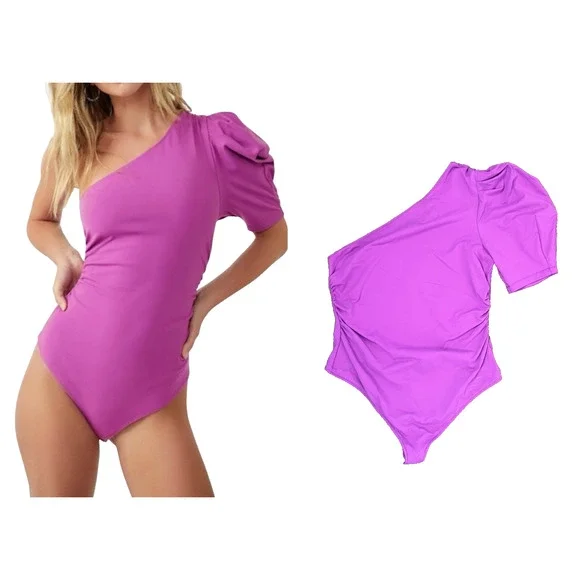 Free People One Shoulder Puff Sleeve L Bodysuit Magenta Ruched Side Stretchy - Picture 6 of 8
